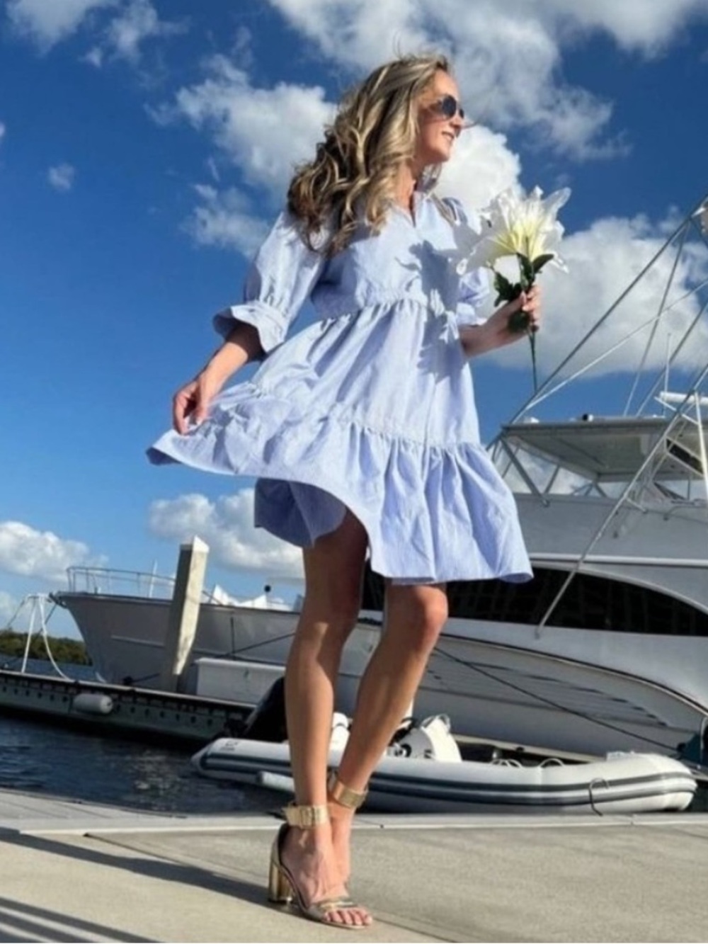 Gretchen Scott Teardrop Dress Striped Blue White Tiered Mini Dress Ruffle Size S